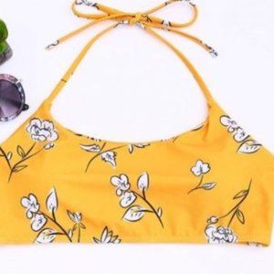 Yellow White Floral Print Bikini Top, Size S